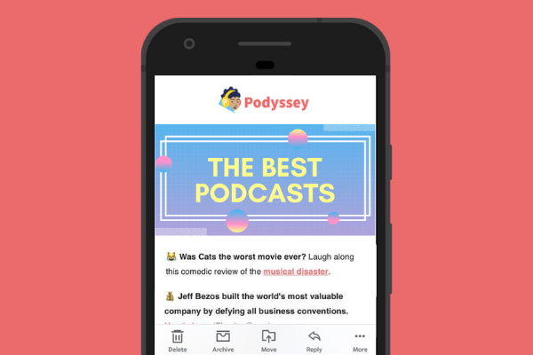 Phone screen open to the Podyssey Picks newsletter.