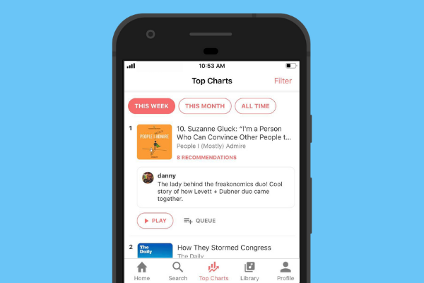 Phone screen with the Podyssey app open to the top charts.
