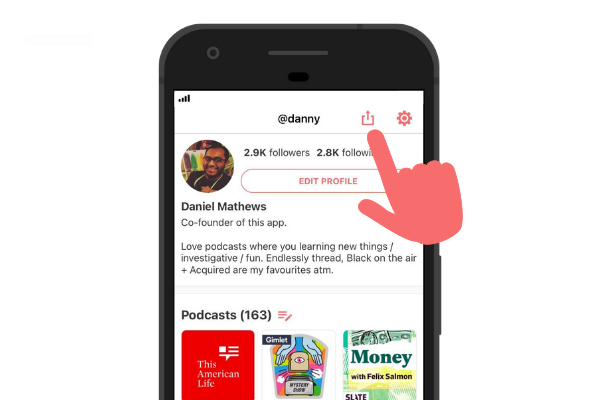 Phone screen open to the Podyssey app, with the Share icon highlighted.