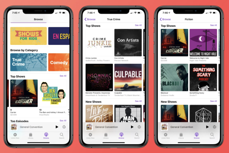 Phone screens showcasing the Apple Podcasts app