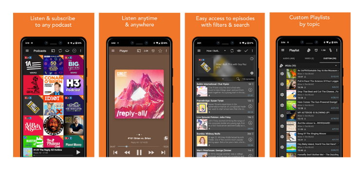 Phone screens showcasing the Podcast Addict app