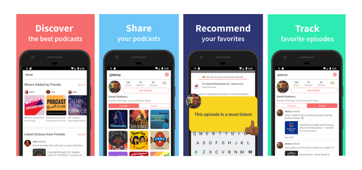 Phone screens showcasing the Podyssey app