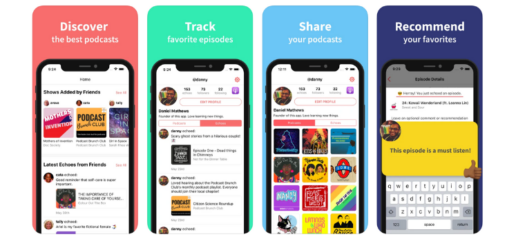 Phone screens showcasing the Podyssey app