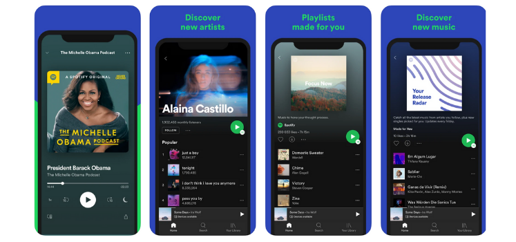 Phone screens showcasing the Spotify podcasts app