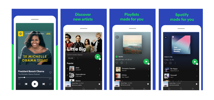 Phone screens showcasing the Spotify podcasts app
