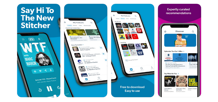 Phone screens showcasing the Stitcher app